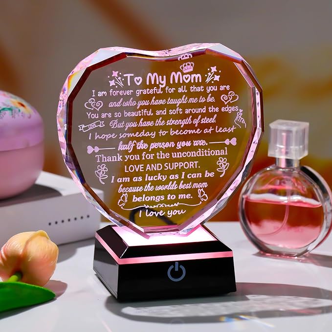 Arikyrist Mom Gifts from Daughter Son Heart Crystal Keepsake to My Mom with Colorful LED Light Base Best Mom Ever Gifts on Birthday Rrtirement Anniversary