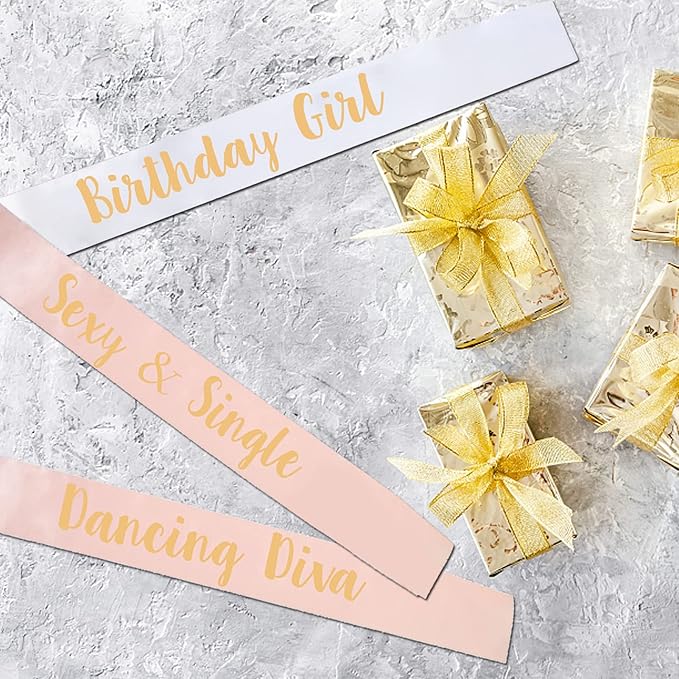 12-Piece Birthday Sash Set - White Girl Sash + 11 Rose Gold Party Sashes for Women's Birthday Party Favors