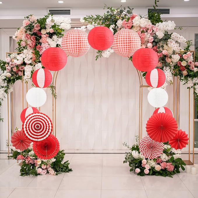 16 Pcs Picnic Party Decorations Kit, Hanging Red and White Checkered Paper Lanterns Paper Fans for Summer Barbecue Birthdays Holidays Picnic Party Supplies