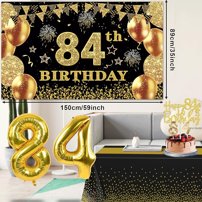 84th Birthday Decorations Men Women with 84th Birthday Banner, Black and Gold Table Cloth, Number Balloons, Large Sash, Cake Topper and Candles