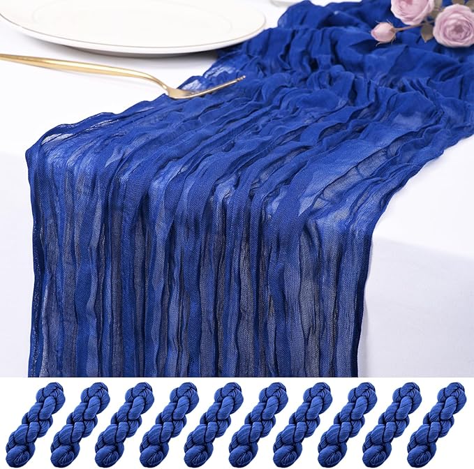 10 Pack Royal Blue Cheesecloth Table Runner 17x108 Inch Semi Sheer Boho Rustic Gauze Cheese Cloth Table Runners for Wedding Party Birthday Baby Shower Home Décor