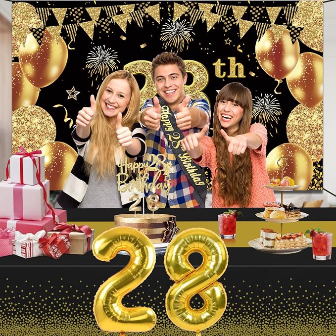 28th Birthday Decorations Men Women with 28th Birthday Banner, Black and Gold Table Cloth, Number Balloons, Large Sash, Cake Topper and Candles