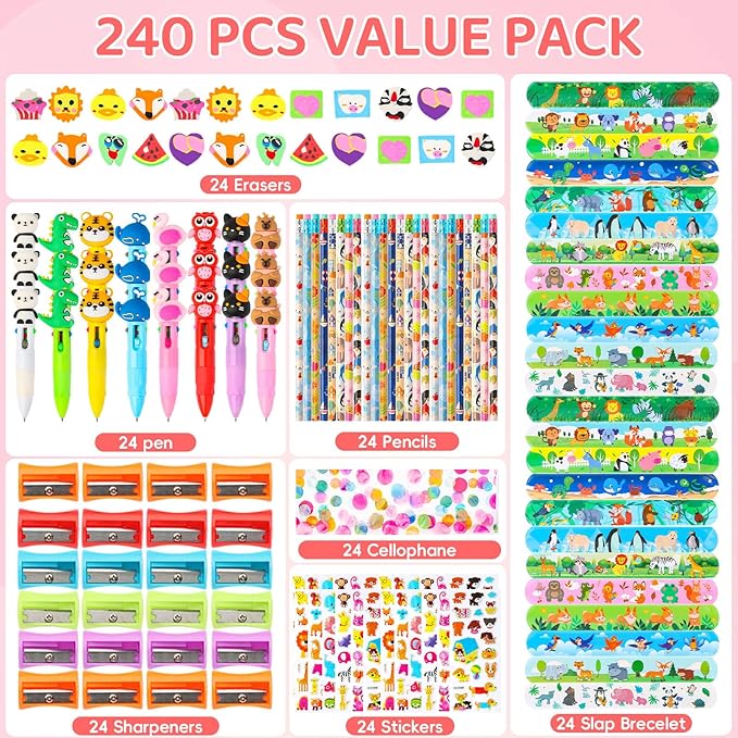 24Pack Giant Lollipop Return Gifts for Birthday Party, Giant Lollipop with Pencils, Stickers, Erasers, 4-in-1 Pen, for Classroom School Exchange Party Supplies