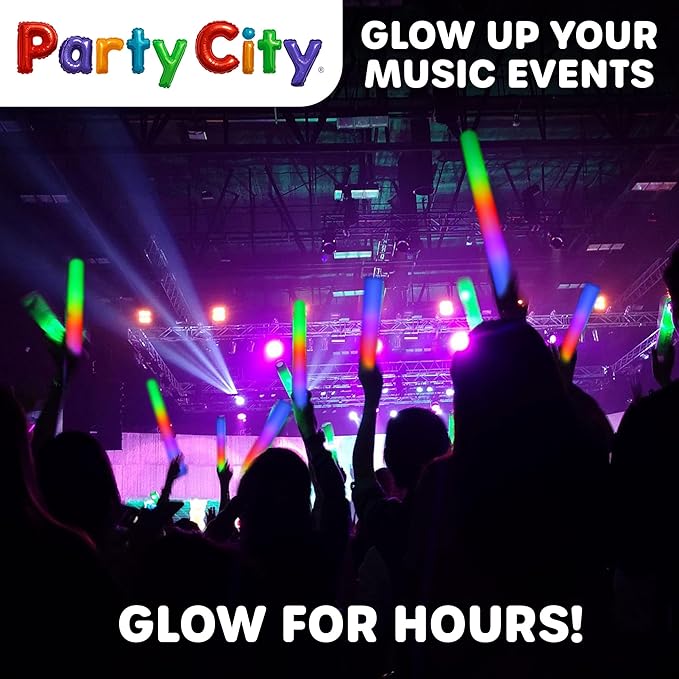Party City 24pk LED Foam Glow Sticks 14”- Glow in the Dark Party Supplies Favors, Colorful Flashing Wand with 3 Modes, Foam Light Up Sticks Bulk Party Pack for Wedding, Birthday, Concert, Halloween
