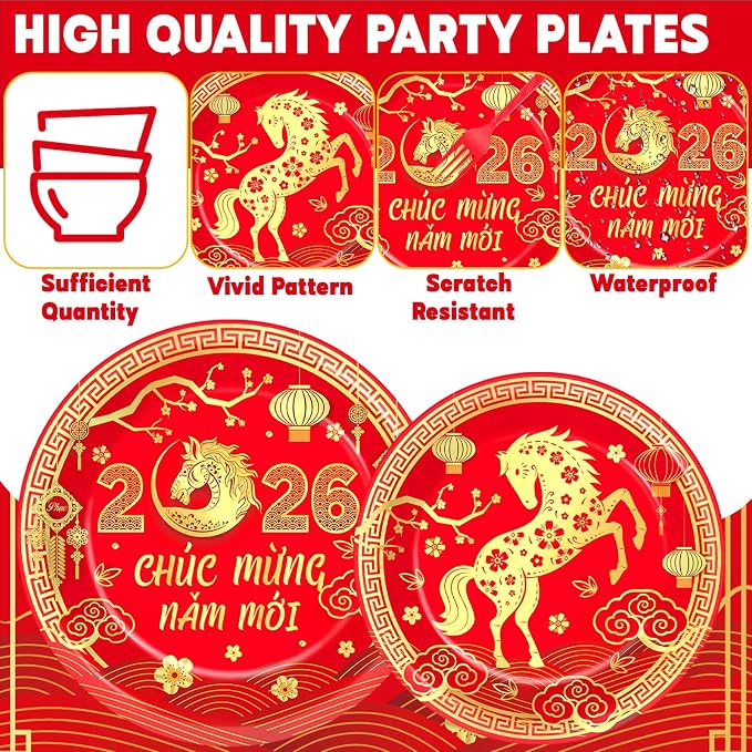 96Pcs Vietnamese New Year Party Decorations Vietnamese Horse Themed New Year Plates and Napkins 2026 Red Gold Horse Tableware Dinnerware Party Supplies for Spring Festival Lunar Decor Serves 24 Guests