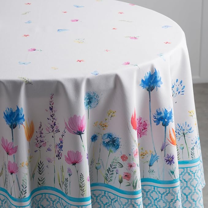 Maison d' Hermine Table Cloth Round Table 100% Cotton 63 Round Inches Tablecloth Reusable Decorative for Dining Kitchen Room Farmhouse Party Home Hotel Restaurant Spring Summer - Flower in The Field