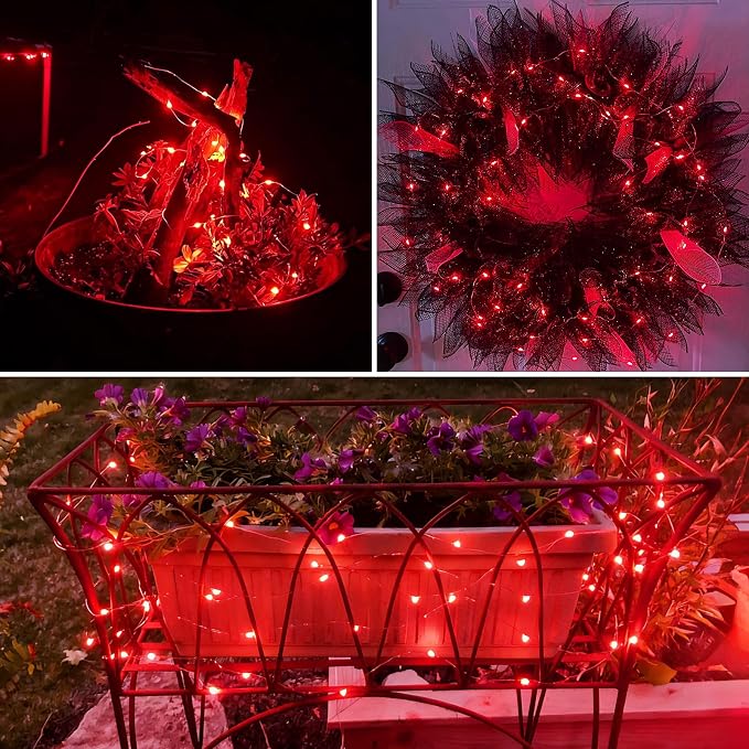 QITONG 4 Pack Red Fairy Lights Battery Operated, Each 16 ft 50 LED Mini String Lights, Sliver Wire Christmas Twinkle Lights Indoor