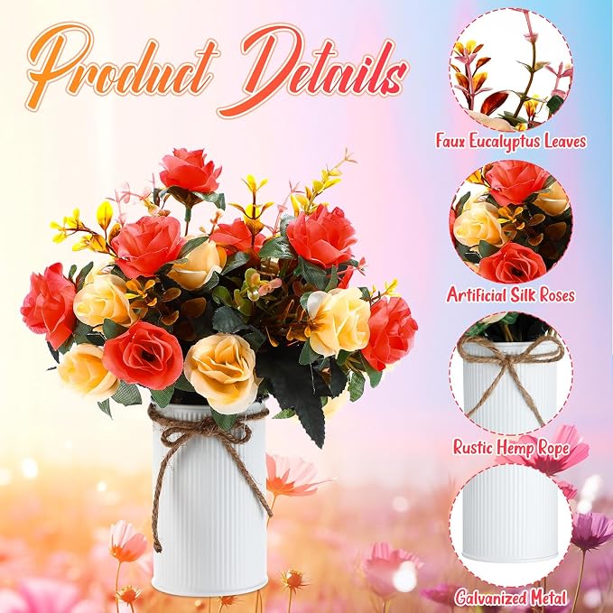 Domensi 12 Sets Wedding Centerpiece for Table Artificial Rose with Vase Fake Bouquets and Metal Pot Flower Arrangements for Bridal Shower Birthday Party Event Table Decor (Orange)