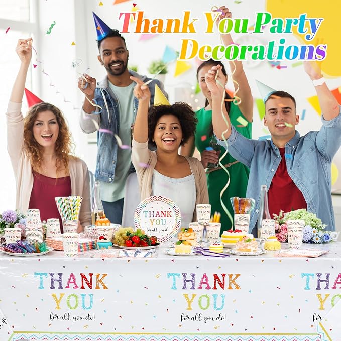 Funnymoom 452 Pcs Thank You Party Decorations for 50, We Appreciate You Paper Plates Napkins Cups Tablecloth Cutlery Straws for Employee Staff Housekeeping Week Pastor Appreciation Party Supplies