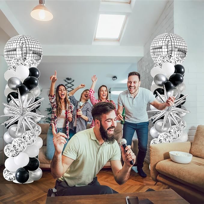 2 Sets Disco Balloon Column Stand Kits Adjustable Black and Silver Balloons Column Kit with Disco Ball Explosion Star 80s Party Themed Tower Stand Kit for Birthday Party Retro Dance Supplies