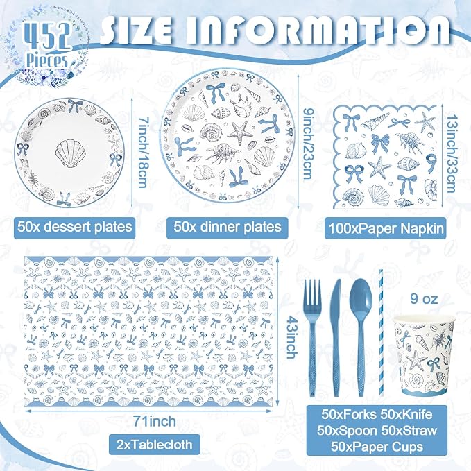 Vesici 452 Pcs Coastal Beach Party Supplies for 50 Guests Blue Bow Seashell 9” 7” Plates Napkins Tablecloth 9oz Cups Disposable Tableware Set for Summer Ocean Theme Birthday Baby Shower Decorations