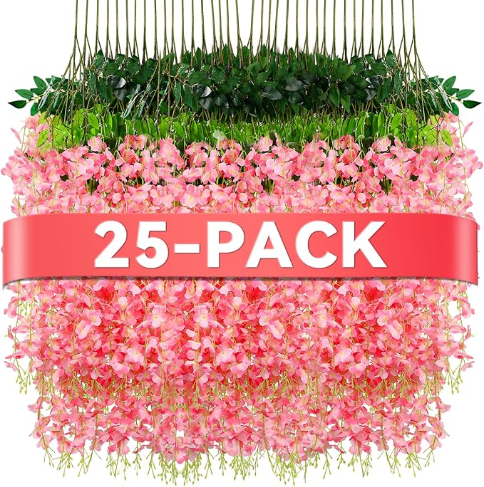 Alotiki Wisteria Hanging Flowers,Fake Hanging Flowers,Wisteria artificiales Garland for Home Wedding Arch Floral Party Garden Ceremony Outdoor Decor,3.6 feet Long(25,Pink)