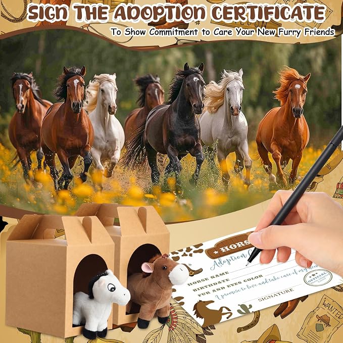 Blueweenly 84 Pcs Adopt a Pet Party Supplies 24 Mini Animals 10 White Plastic Fence 24 Paper Gift Boxes 24 Adoption Cards with Mini Chalkboard and Artificial Lawn(Pony)