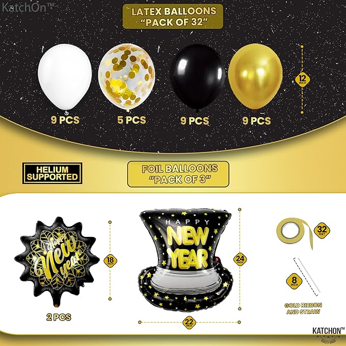 KatchOn, New Years Eve Party Supplies 2026 - Huge, Pack of 37 | Happy New Year Banner, New Years Balloons for Black and Gold Happy New Year Decorations 2026 | NYE Decorations 2026