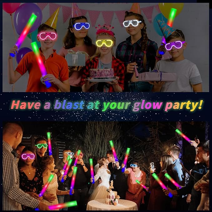 Oleitodh Glow in the Dark Party Supplies Set Bulk Neon Party Favor Toys Includes 30 Led Light up Glasses 10 Color 30 Light up Foam Sticks Bulk for Disco Wedding Birthday Concert Halloween Raves Party