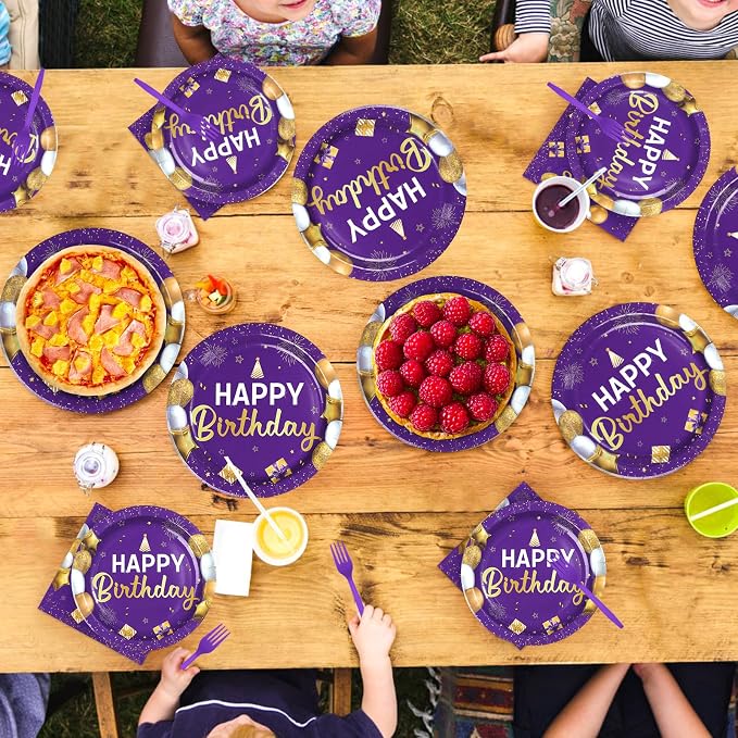 96Pcs Purple and Gold Birthday Party Decorations for Women Purple and Gold Happy Birthday Plates and Napkins Sets Princess Decorations for Girls Lady Bday Party Supplies Serves 24