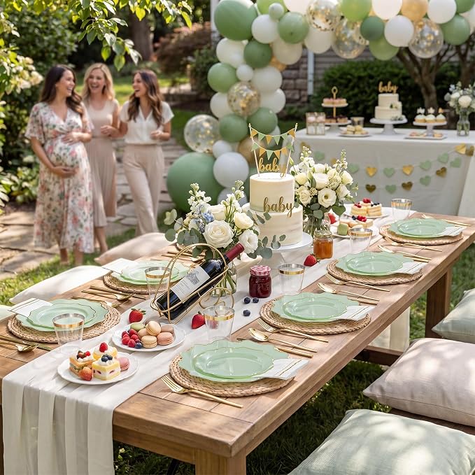 WDF 175Pcs Sage Green Plastic Plates With Gold Rim - Disposable Sage Green Plates 25guest Disposable Dinnerware Ideal for Party/Wedding/Spring Party/First Communion