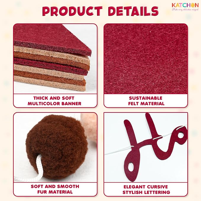 KatchOn, Burgundy Happy Birthday Banner Set – Pre Strung, 10 Ft | Triangle Flag Banner and Pom Pom Garland, Reusable | Burgundy Birthday Decorations for Women, Men | Boho Party Decorations