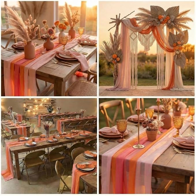 Boao 6 Pcs Red Pink Orange Party Decorations Table Runner Cloth 10Ft Boho Sheer Rustic Fabric Sunset Soiree Party Decorations for Wedding Birthday Baby Bridal Shower Graduation Dawn Sunset Decor