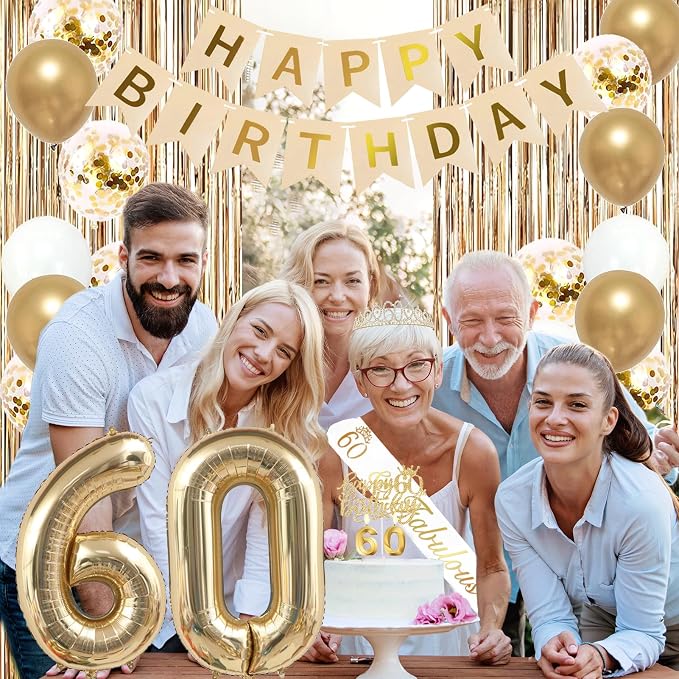 Trgowaul 60th Birthday Decorations for Women, Banner, Sash and Crown, Cake Topper, 60 Number Balloon, Fringe Curtains, Champagne Gold 60th Birthday Party Supplies