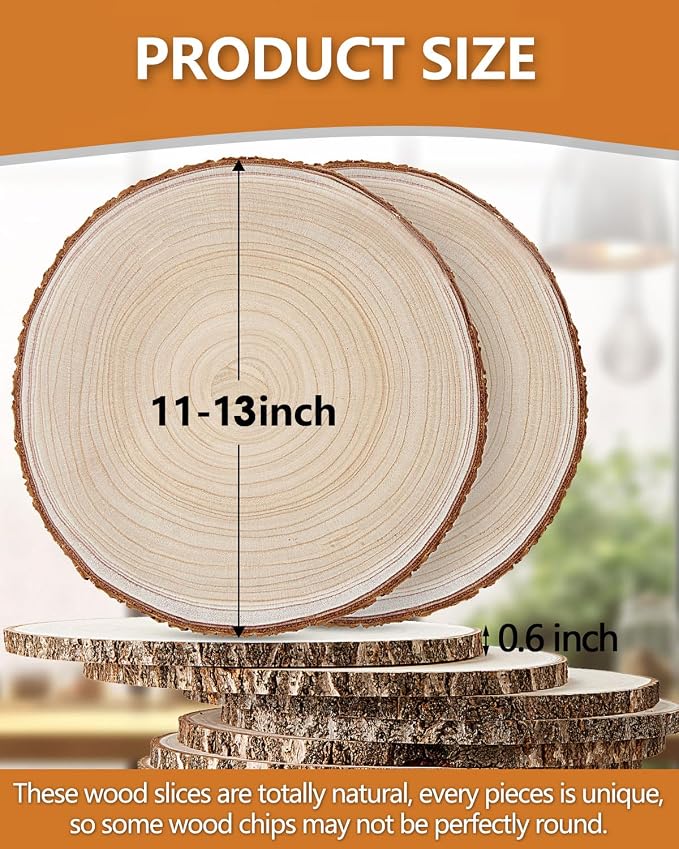 Set of (10) 11-13 Inches Large Wood Slices, Wood Centerpieces for Tables, Wood Slices for Centerpieces, Unfinished Wood Rounds for Wedding, Baby Shower, Party, Natural Paulownia Wooden Slabs