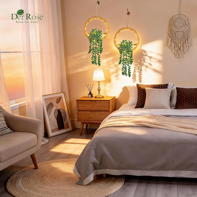 Der Rose 2 Pack Lighted Hanging Plants, Artificial String of Pearls Plants with Warm LED Lights, Aesthetic Fake Plants for Wood Tone Bedroom Bathroom Living Room Wall Decor, Party & Gift for Women