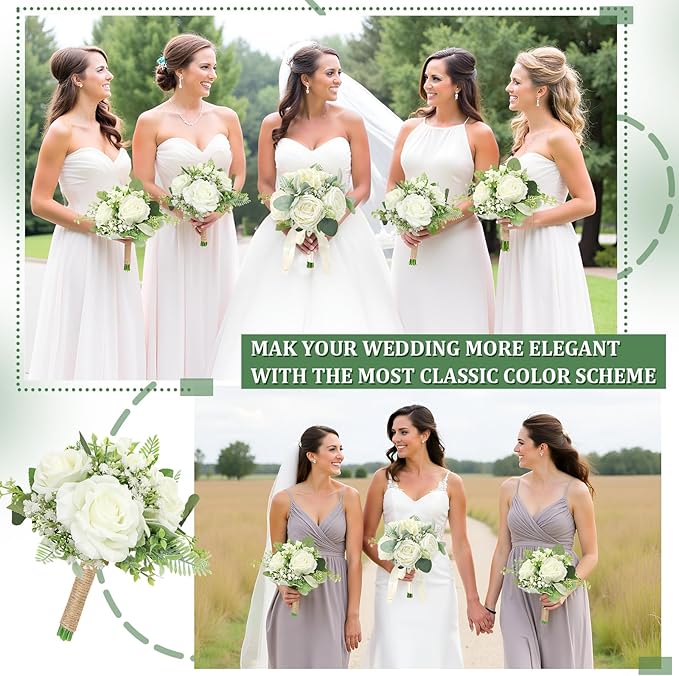 Wedding Bridesmaids Bouquet Set of 2 Artificial Flowers Bouquets for Bridesmaid Pre-Made 7 Inch Faux Small Floral Bouquets Bridal Shower, Wedding, Ceremony, Anniversary - Ivory White