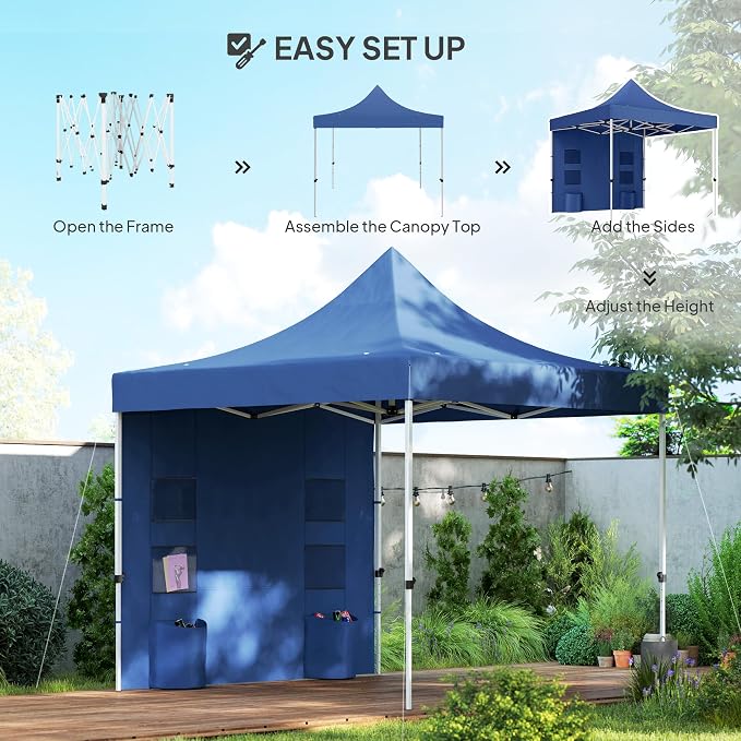 Outsunny 10' x 10' Heavy Duty Pop Up Canopy Tent with Sidewall and Trash Bags, UPF50+ Instant Sun Shelter, Height Adjustable, with Wheeled Bag, Sand Bags for Outdoor, Patio, Dark Blue