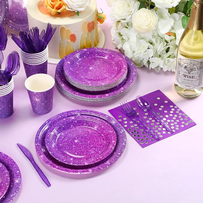 Hushee 175 Pcs 25 Guests Purple Paper Party Plates and Cups Napkins Sets Holographic Glitter Disposable Dinnerware Plastic Forks Knives Spoons Birthday Bachelorette Wedding Party Supplies