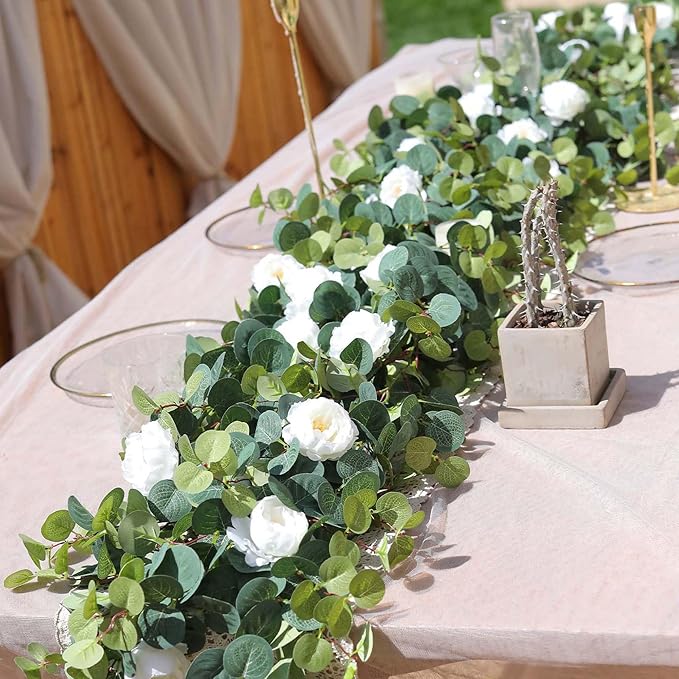 MISSPIN 2pcs Artificial Flowers Garland Spring Eucalyptus Garland Vintage Fake Flower Peony Rose Vine Greenery Decorative Wall Hanging Plant for Wedding Arch Door Arrangement Party Decor (White,2pcs)