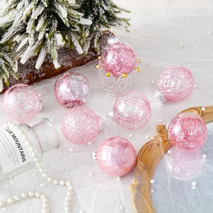 CristBest 30ct Christmas Ball Ornaments-60mm/2.36" Shatterproof Clear Plastic Xmas Balls Baubles Set with Stuffed Delicate Sparkling, Hanging Christmas Tree Decorations(Pink)