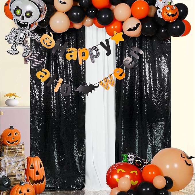 SquarePie 2 PCS 2x8ft Black Sequin Backdrop Curtains, Satin-Backed Shimmering Photo Booth Background, 2 Panels Narrow Real Sequin Drapes with 4" Rod Pocket for Party, Baby Shower, Doorway Decor