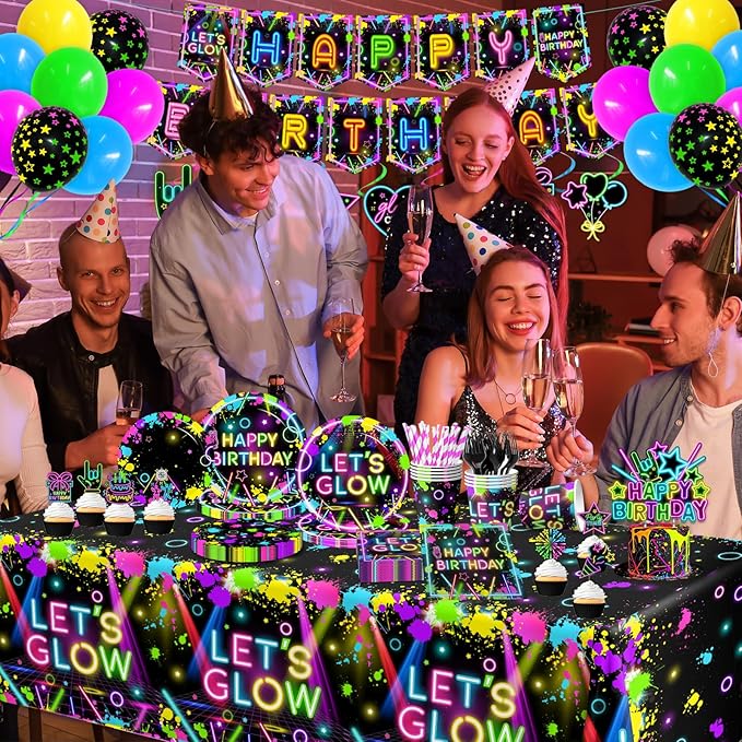 Neon Party Supplies Serves 24,Glow in The Dark Themed Tableware Including Plates,Napkins,Banner,Tablecloths Neon Birthday Party Decorations for Let's Glow Baby Shower Birthday Favors
