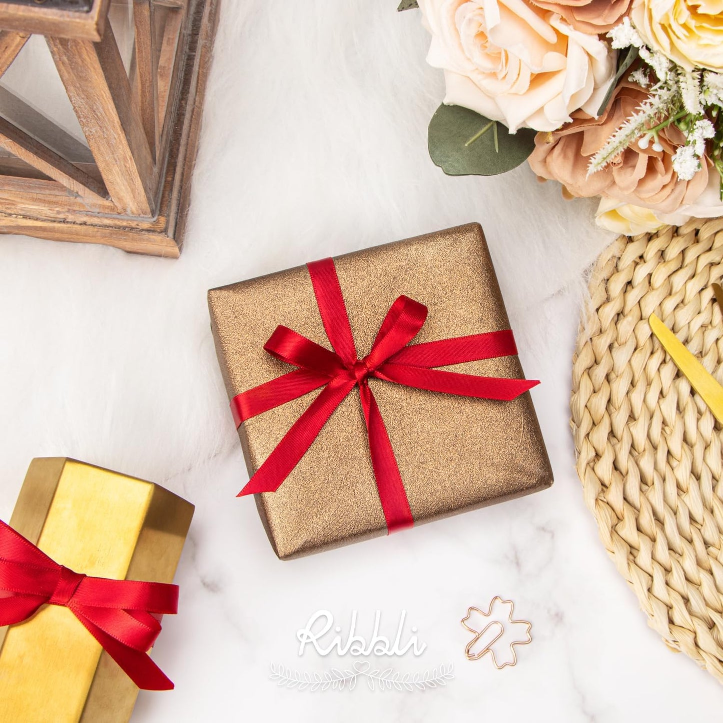 Ribbli Double Faced Red Satin Ribbon,3/8” x Continuous 25 Yards,Use for Bows Bouquet,Gift Wrapping,Floral Arrangement