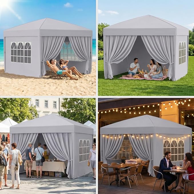 10x10 Pop Up Canopy with Sidewalls, Instant Tent with Carry Bag, Height Adjustable Waterproof Shade Canopy, for Event, Parties, Camping (White, 10x10 with Sidewalls)