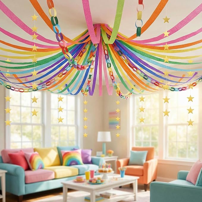 700 Sheet Paper Chain Strips and Star Garland Set, Rainbow Paper Chains and 52 ft Gold Stars Decor with 492 ft Crepe Paper Streamers for DIY Crafts Pride Month Birthday Wedding Theme Party