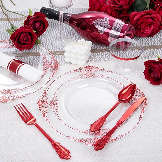 Hioasis 350pcs Clear and Red Plates - Red Party Plates for 50 Guest, Include 100 Heavy-duty Plates(20% Thicker Than Standard), 50 Pre Rolled Gold Plastic Silverware Set, 50 Cups