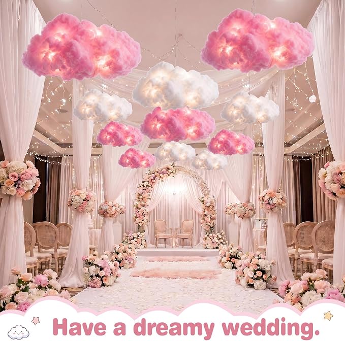 Lewtemi 8 Pcs Artificial Cloud Props with Lights 3D Fluffy Cotton Clouds Decorations 2 Sizes Hanging Clouds with Strings Hooks for Ceiling Room Wedding Party Classroom DIY Kit (White and Pink)