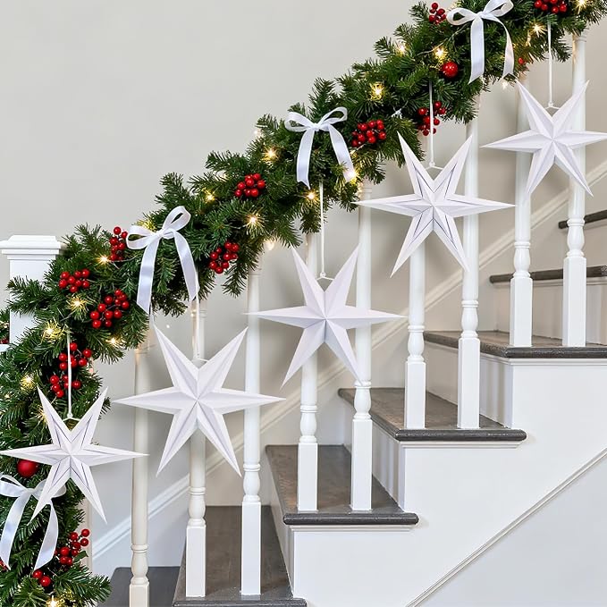 SUNBEAUTY Christmas Paper Stars, 6 Pointed 12 Inch White Color Hanging Paper Star Lanterns, Christmas Decorations Hanging Lamp for Indoor Xmas Tree, Yard, Home Decor Birthday