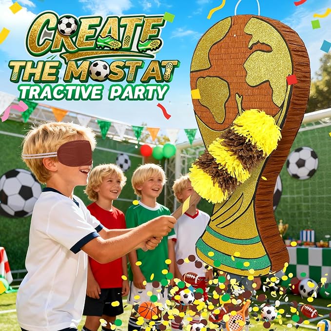 25" World Cup Trophy Piñata - Large Gold Champion Cup Pinata with Stick, Blindfold & Confetti - Soccer Theme Birthday Decorations, Sports Party Supplies for Boys Kids & Adults Victory Celebration