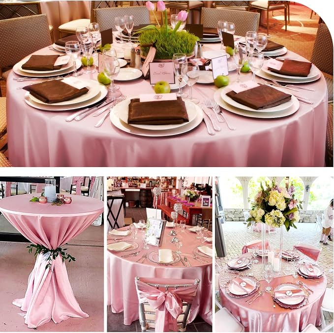 12 Pack 108 Inch Round Tablecloth, Rose Gold Satin Fabric Table Cloth for Round Tables, Wrinkle Resistant Washable TableCover Bright Silk Table Clothes for Wedding Party Dining Tables Banquet
