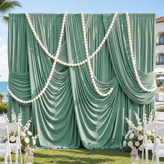 50ftx10ft Wrinkle Free Sage Green Backdrop Curtains for Parties, 10 Panels 5x10ft Silky Polyester Photo Backdrop Drapes Back Drop Cloth Drapery for Wedding Birthday Photography Background