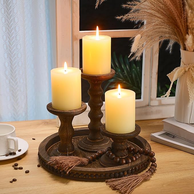 Reallnaive 8 Pcs Farmhouse Wood Candle Holders with Pillar Candles Set Wooden Rustic Candle Holders Round Decorative Serving Tray Bead Garland with Natural Wood Tassels for Table Centerpiece (Brown)