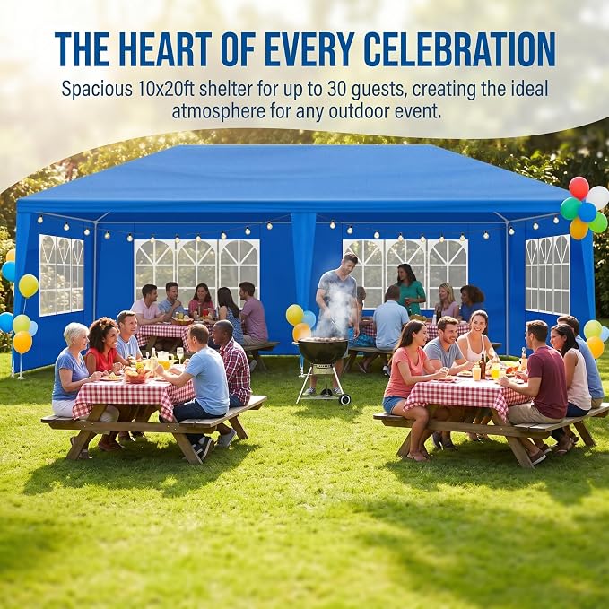 10x20 Canopy Tent for Parties, Heavy Duty Waterproof Outdoor Tent with 6 Detachable Sidewalls & Window Panels, Large Event, Wedding & Backyard Shelter, Commercial & Personal Use, Blue