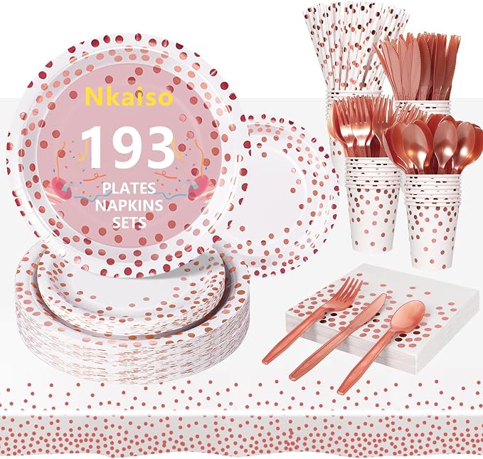 Nkaiso 193 Pcs Rose Gold Paper Plates and Napkins Party Supplies Sets Include White Party Plate Cup Napkin Plastic Cutlery for Baby Shower, Wedding, Birthday Decoration -24 Guest