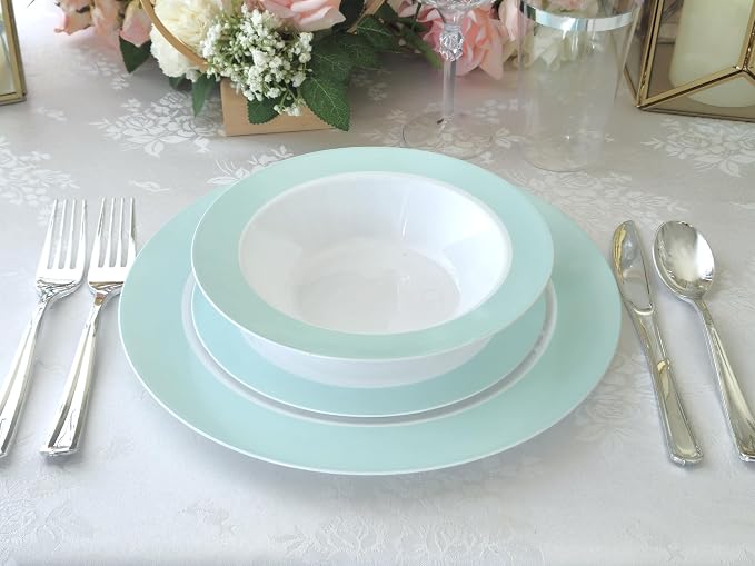 OCCASIONS 50 Piece Heavy Duty Disposable Plastic Plates Set for 25 Guests – 10.5" Dinner & 7.5" Dessert Plates, Premium Party Plates for Weddings, Events, Parties – Rio, White & Pearled Turquoise Blue