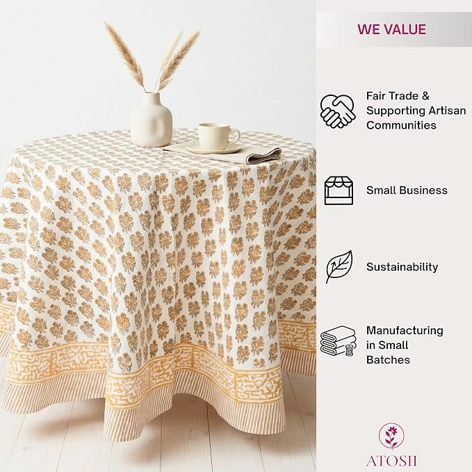 ATOSII Ivy Yellow 100% Cotton Round Boho Fall Tablecloth, Handblock Floral Table Cloth Linen for Kitchen Dining I Parties Weddings Outdoors Picnics Easter Mothers Day I 60" Inches Round I 4 Seater
