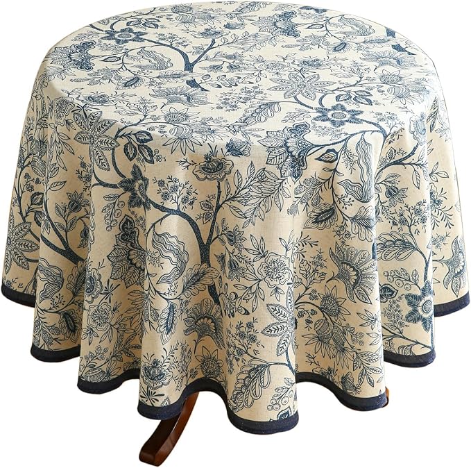 ISAENNE Designer Vintage Linen Round Tablecloth,Diameter 55"-Ruyi B | French Elegant Table Cloth for Round Table,Blue Floral Pattern,Durable,Heavyweight,Dining Room,Kitchen,Thanksgiving,Decor
