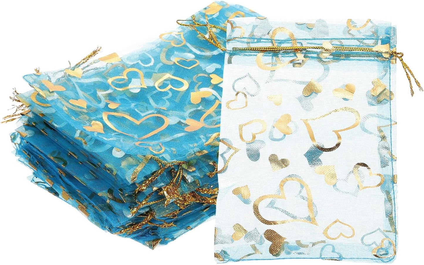 PATIKIL 100 Pcs 4x6 Inch Heart Printed Organza Bags, Lake Blue Sheer Heart Organza Bags with Drawstring for Christmas Candy Jewelry Party Wedding Favor Gift