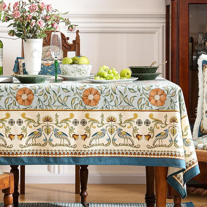 patdrea Vintage French Linen Tablecloth,Rectangular,87"x55"-Wensel | Italian Provencal Table Cloth for Rectangle Table,Colorful Floral Patterned,Dining Room Tea Party Thanksgiving Decor